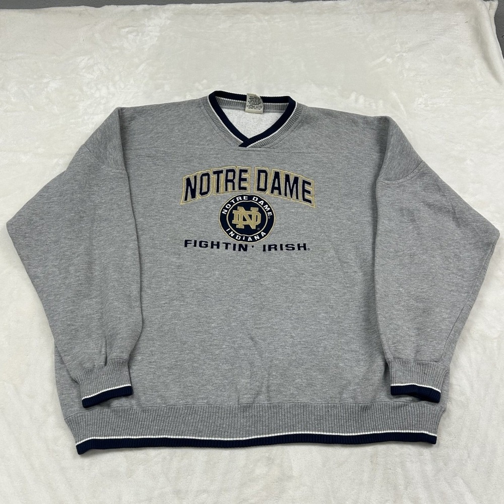 90s Notre Dame Sweatshirt XXL Gray Embroidered V-Neck Fighting Irish Pullover
